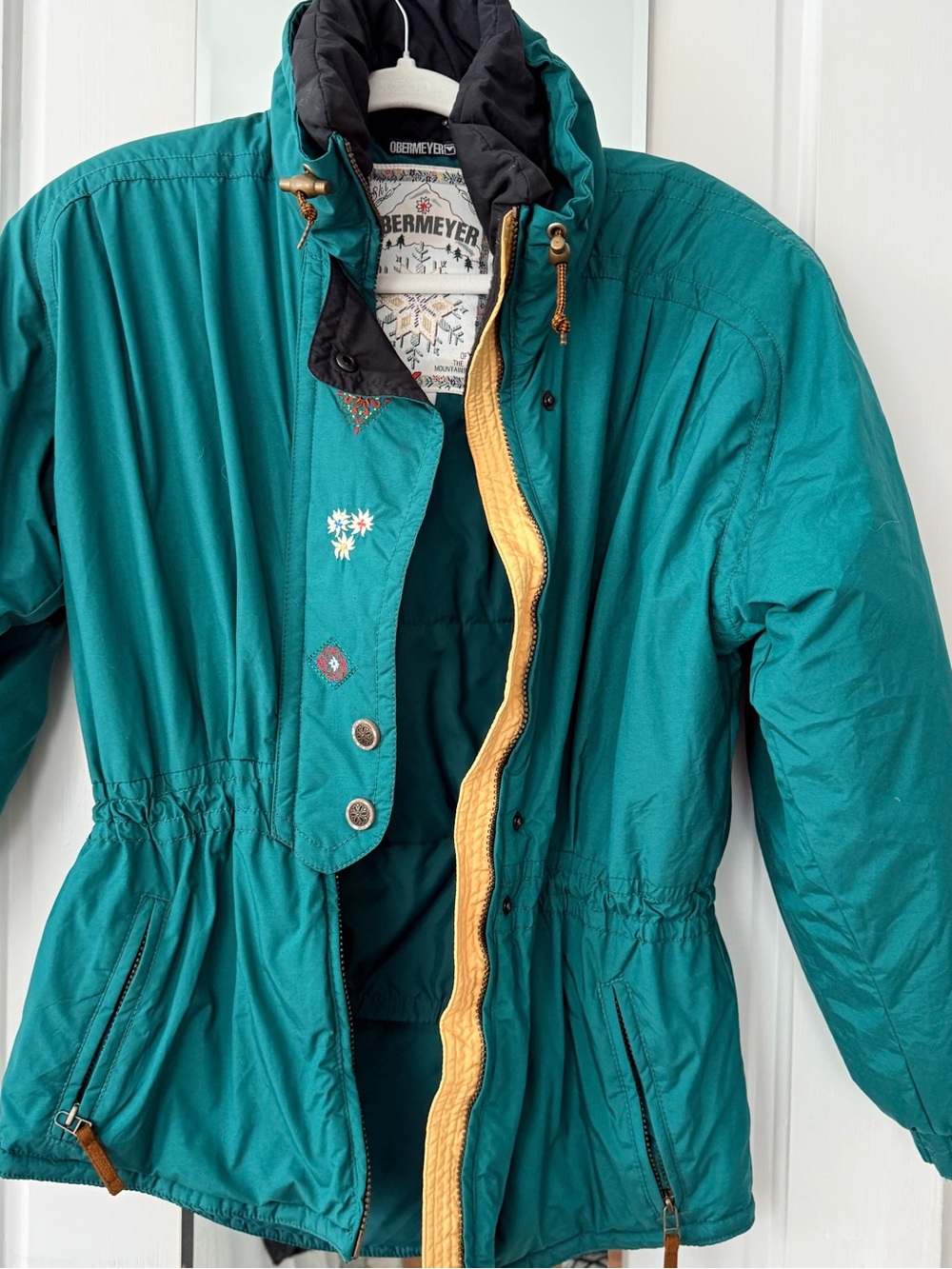 Obermeyer Teal Green Women's Puffer Jacket with Yellow Trim